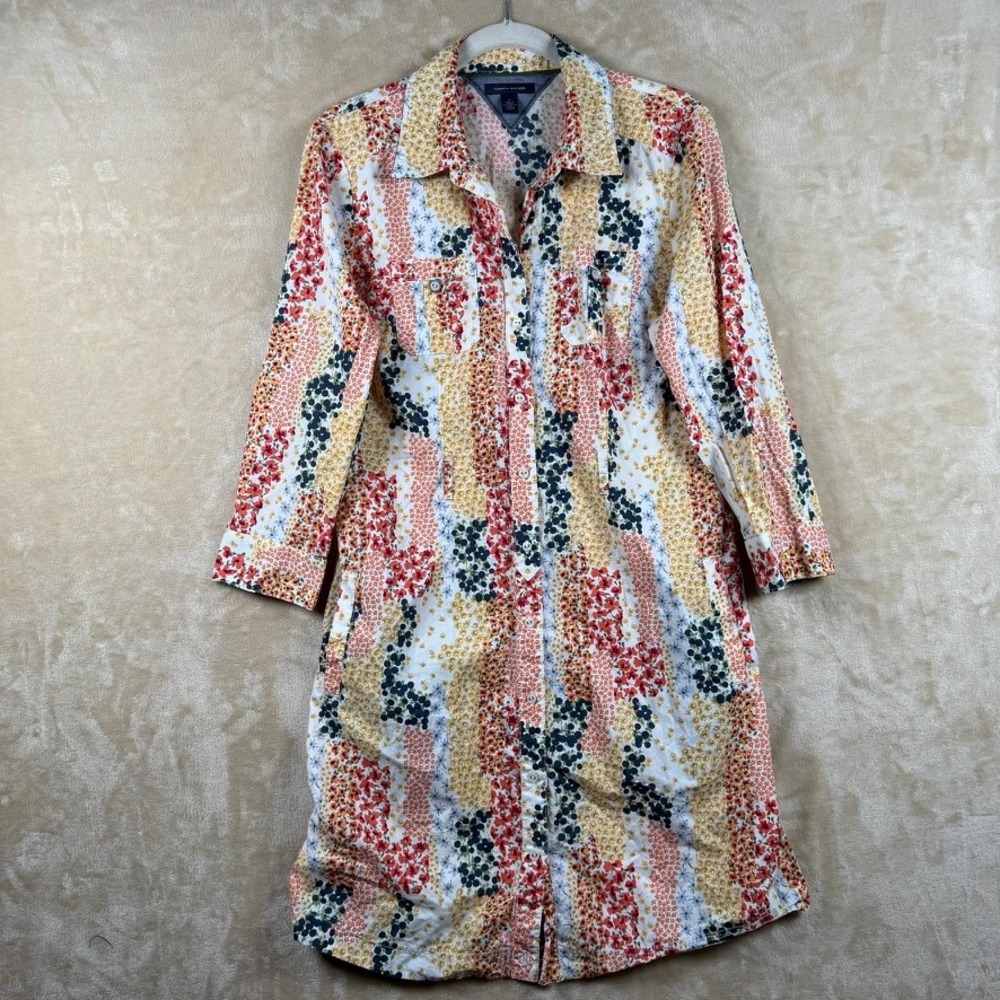 Tommy Hilfiger Womens Floral Stripe Cotton Button Down Shirt Dress Multi Color M